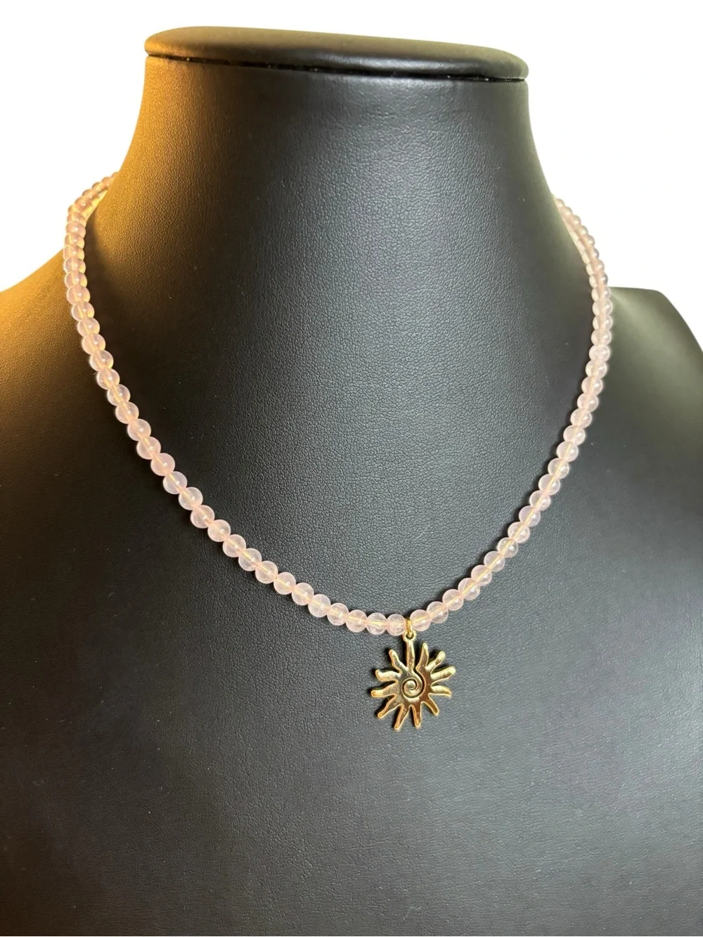 Luna Norte Genuine Rose Quartz Beaded Necklace w/ Brass Sun Pendant.